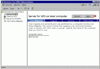 Figure 1: Example of Services for UNIX Administration-Server for NFS screen.