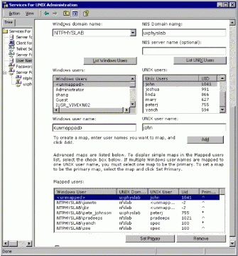 Figure 6: Example of Services for UNIX Administration-User Name Mapping screen showing Advanced Mapping.