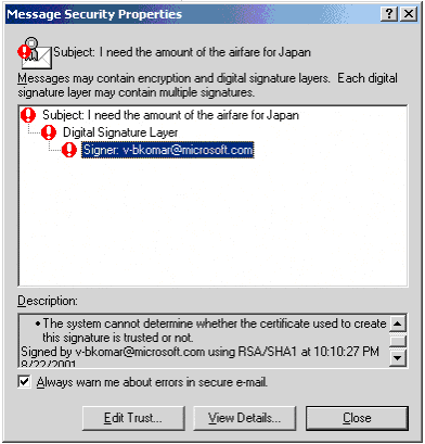 Figure 4: A warning indicating that the certificate used to create the digital signature is trusted