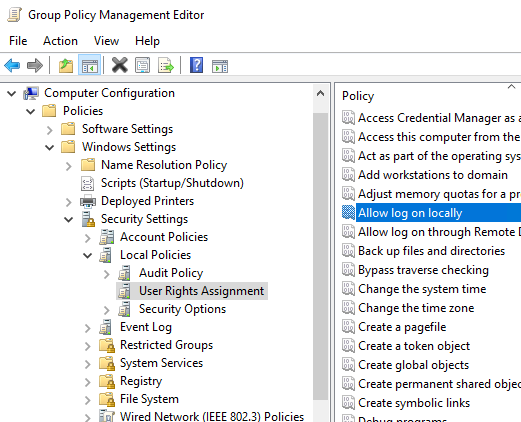 Screenshot of the user rights settings in Group Policy Management Editor.