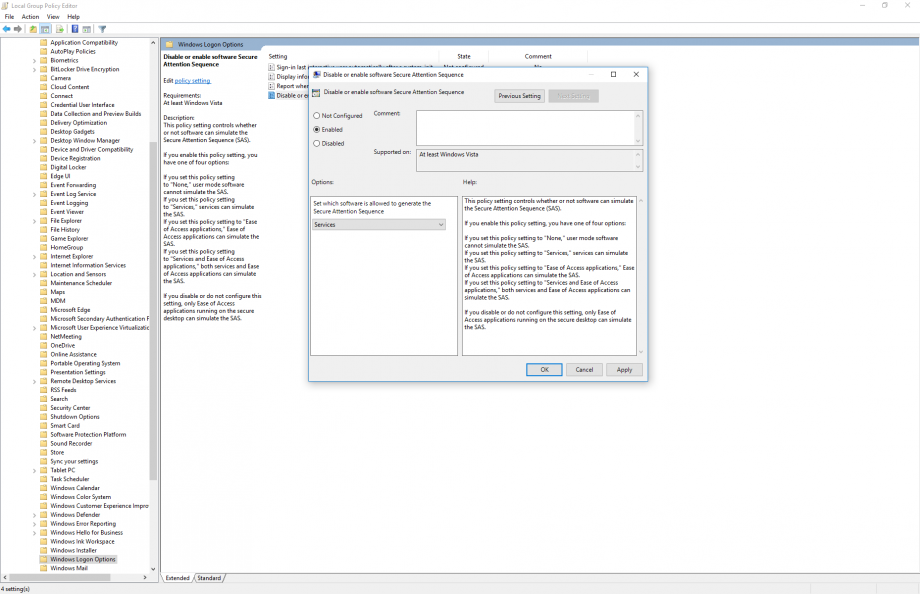 Screenshot of the secure attention sequence policy settings in Group Policy Management Editor.