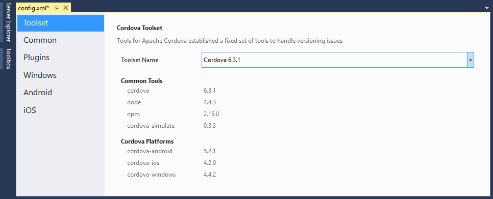 Apache Cordova Configuration Editor: Local Cordova Configuration