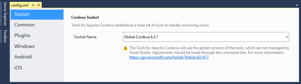 Apache Cordova Configuration Editor: Global Cordova Configuration