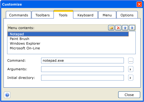 Tools tab on customization dialog box