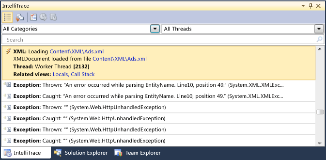 XML Exception in IntelliTrace Window