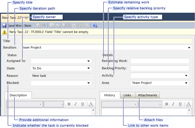 Screenshot showing a new task work item