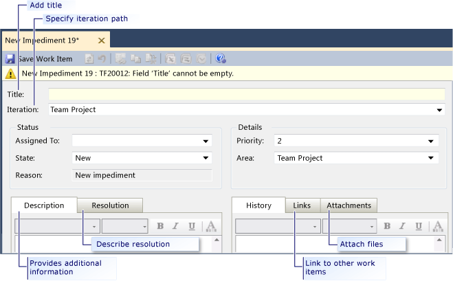 Screenshot showing impediment work item