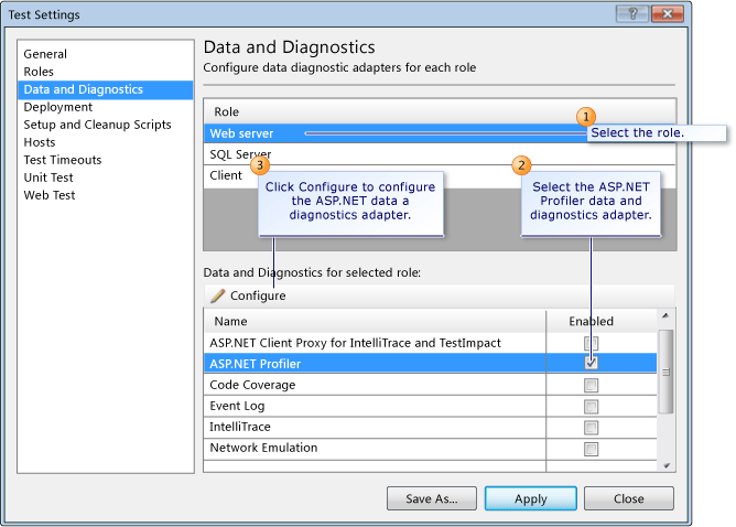 Configuring test settings for ASP.NET Profiler