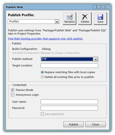 Publish Web dialog box with FTP selected