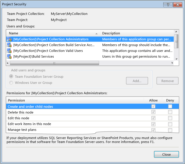 Security dialog window for Areas
