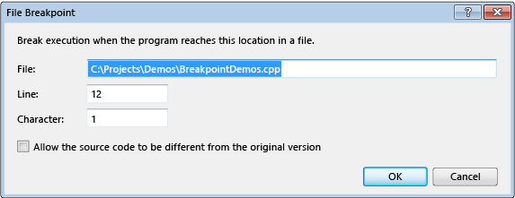 File Breakpoint dialog box