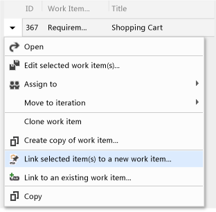 Shortcut menu for work item (Team Web Access)