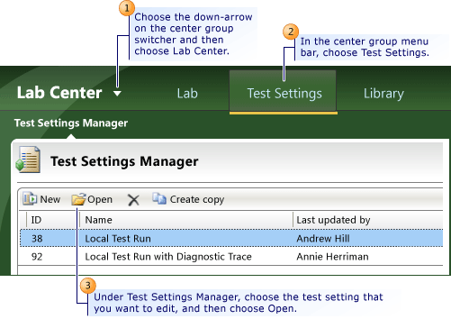 Editing an existing test settings