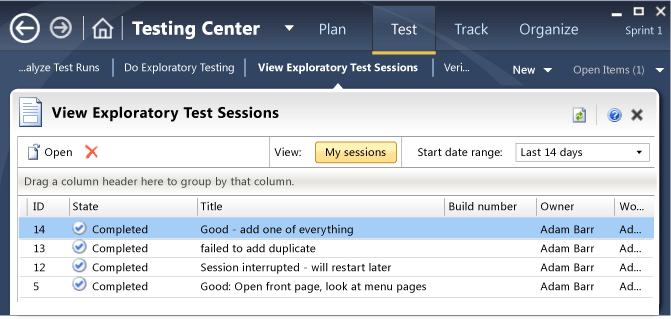 View exploratory test sessions
