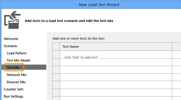 New Load Test Wizard - Test Mix page