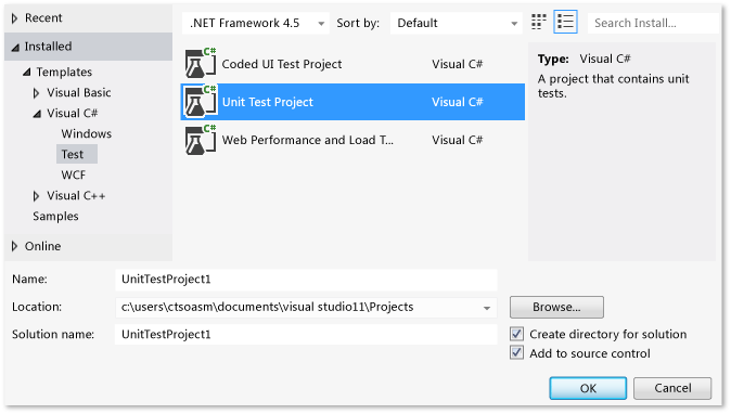 Unit Test selected in New Project dialog