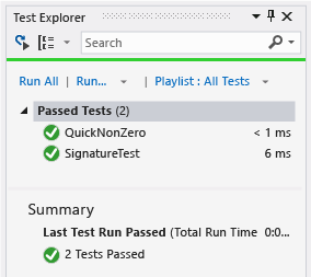Unit Test Explorer with two passed tests
