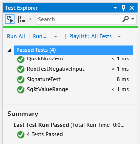 Unit Test Explorer with four passed tests
