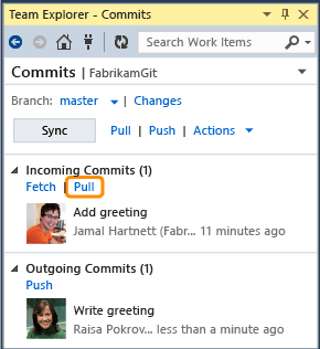 Commits page with Fetch and Pull highlighted