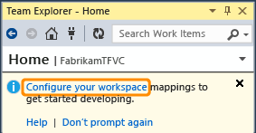 Visual Studio prompts you to map the team project