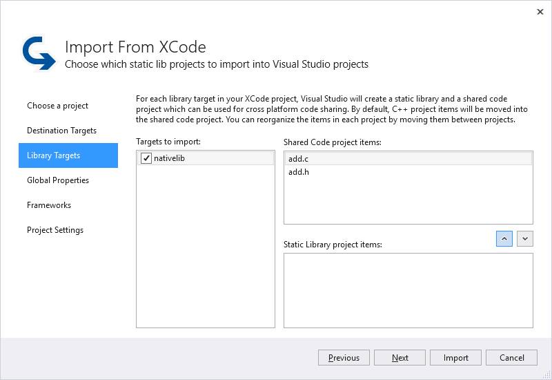Import from XCode Library Targets pane