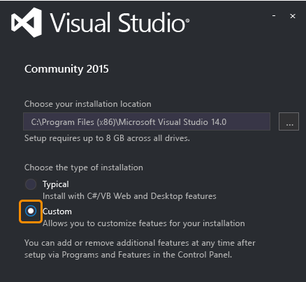 Choosing the Custom option in Visual Studio installation