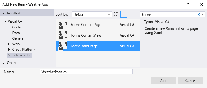 Adding a new Xamarin.Forms XAML page