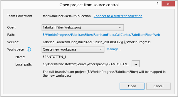 Open from source control - create new workspace