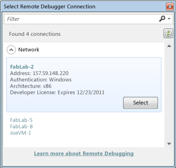 Select Remote Debugger Connection