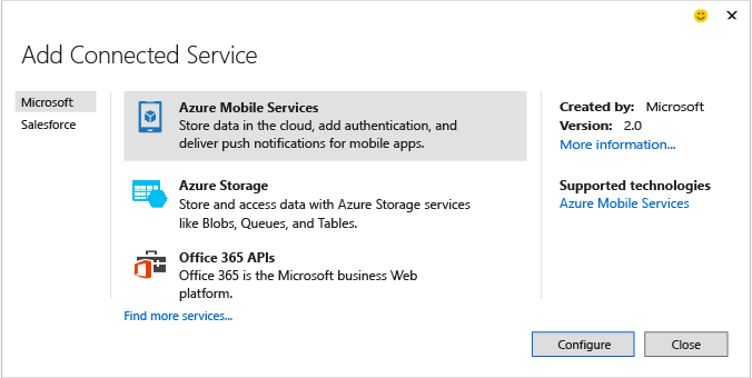 Add Connected Services Dialog