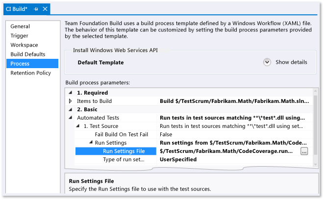 Specifying runsettings in a build definition