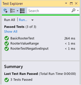 Unit Test Explorer showing 3 passed tests.