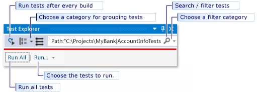 Run tests from the Test Explorer toolbar
