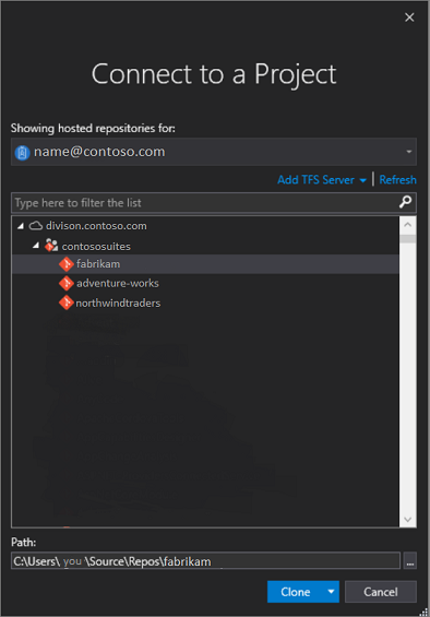 The 'Connect to a Project' dialog box that's generated from Visual Studio.