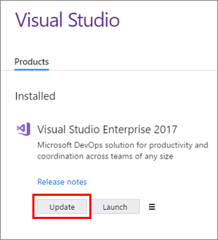 Screenshot showing the Update button in the Visual Studio Installer that can be used to update Visual Studio 2017.