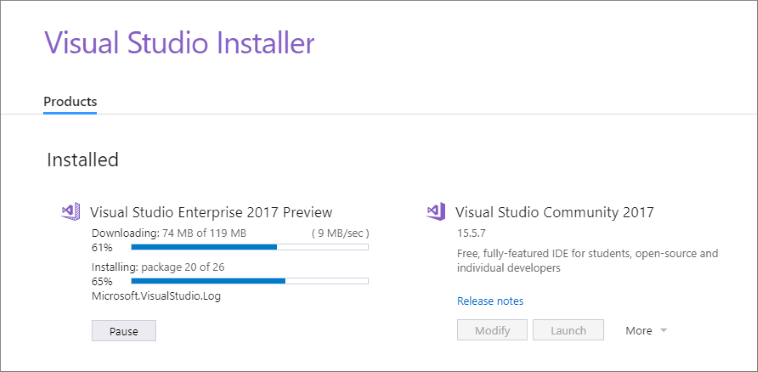 Screenshot showing the Visual Studio Installer experience.