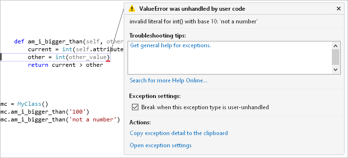 Visual Studio debugger for Python showing an exception popup