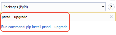 Giving the ptvsd upgrade command in the Python Environments window