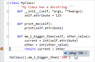 DataTips showing in the Visual Studio debugger