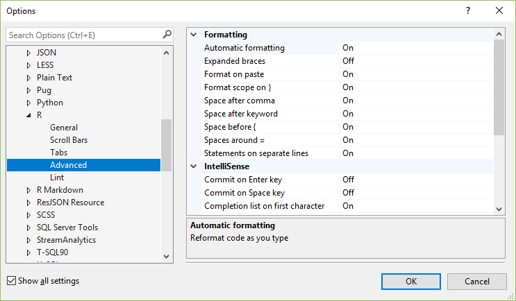 Options dialog for R text editor advanced options