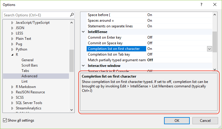 Expanded help pane in the R text editor advanced options dialog