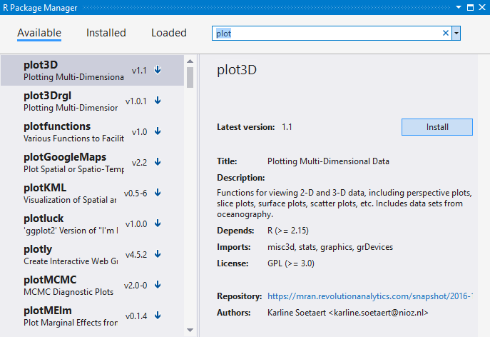 Available packages tab in the R Tools for Visual Studio package manager