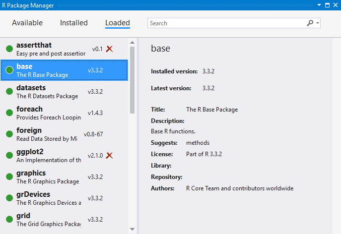 Loaded packages tab in the R Tools for Visual Studio package manager