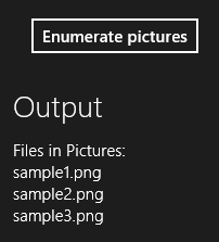 File-handling sample screen shot of enumerating files in the Pictures library.