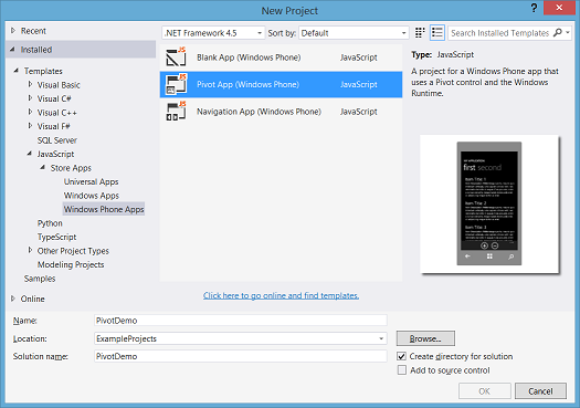 Pivot App template in Visual Studio
