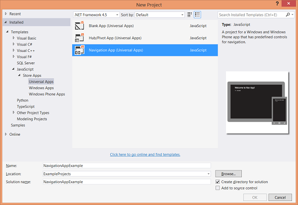 The New Project dialog showing the JavaScript Universal Apps templates.