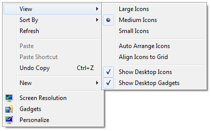 screen shot illustrating the show desktop gadgets option on the desktop context menu.