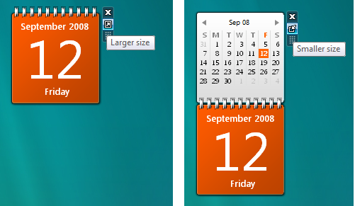 screen shot illustrating a visual transition of a calendar gadget docked on the left and undocked on the right.