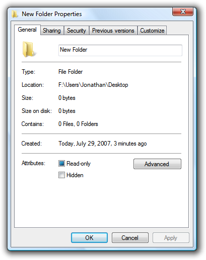 Screen shot of a New Folder property window 
