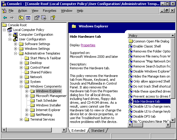 group policy snap-in extended view